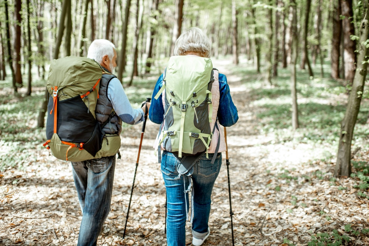 A couple hiking through a forest trail
