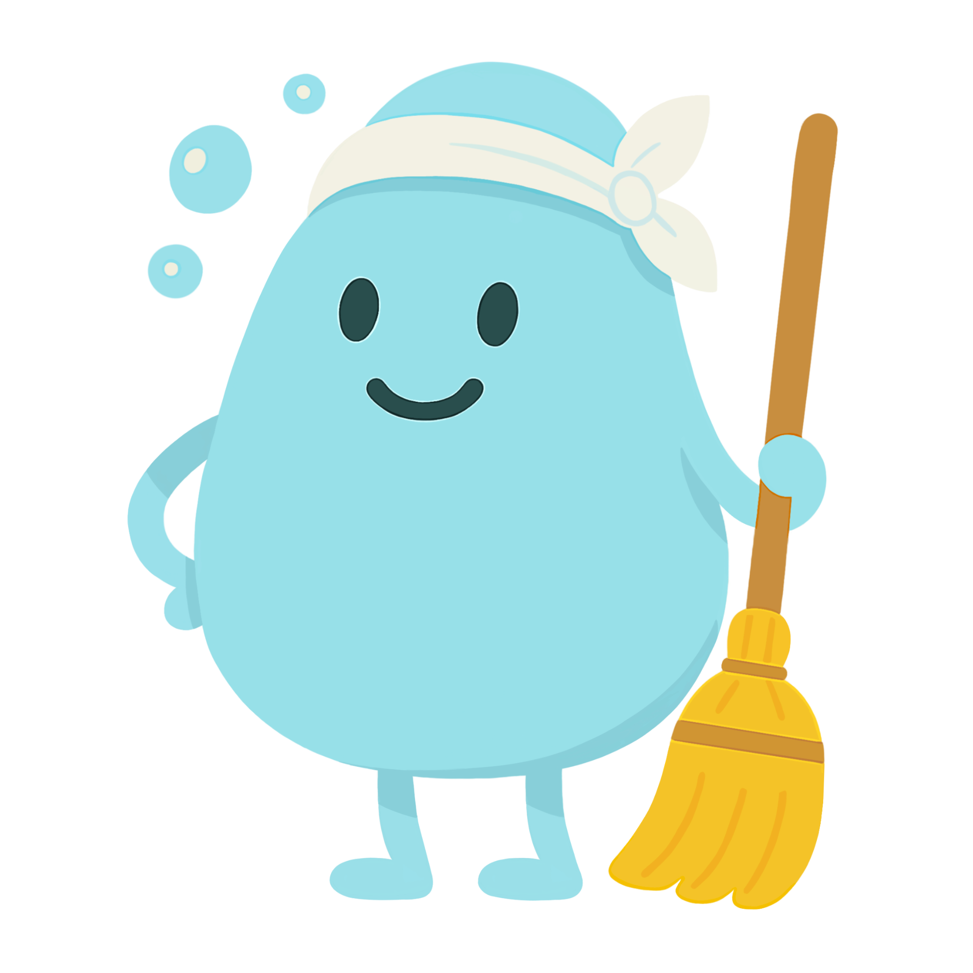 Blue cartoon character with a white headband holding a yellow broom and smiling.