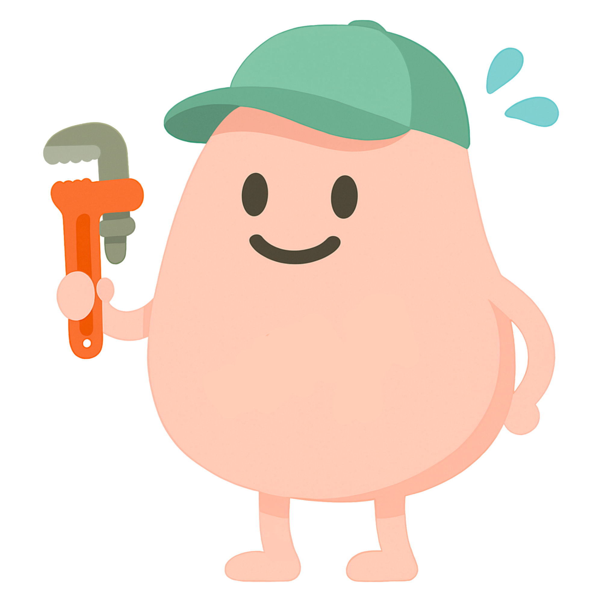 Cute round character wearing a green cap, smiling and holding an orange pipe wrench with sweat droplets by its head.