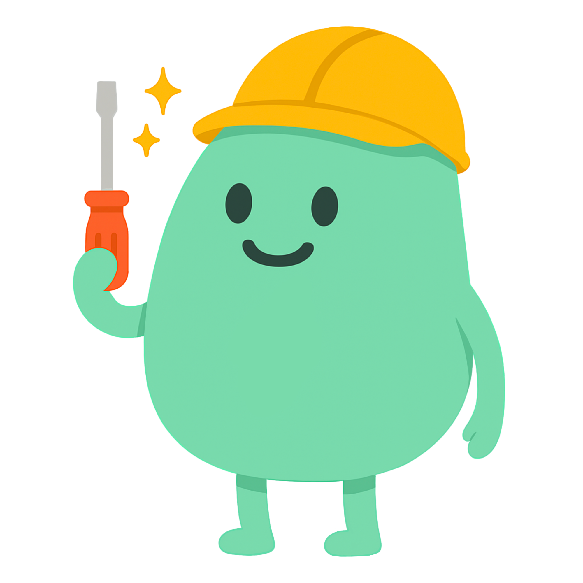 Green cartoon character wearing a yellow construction helmet and holding a screwdriver with sparkles.