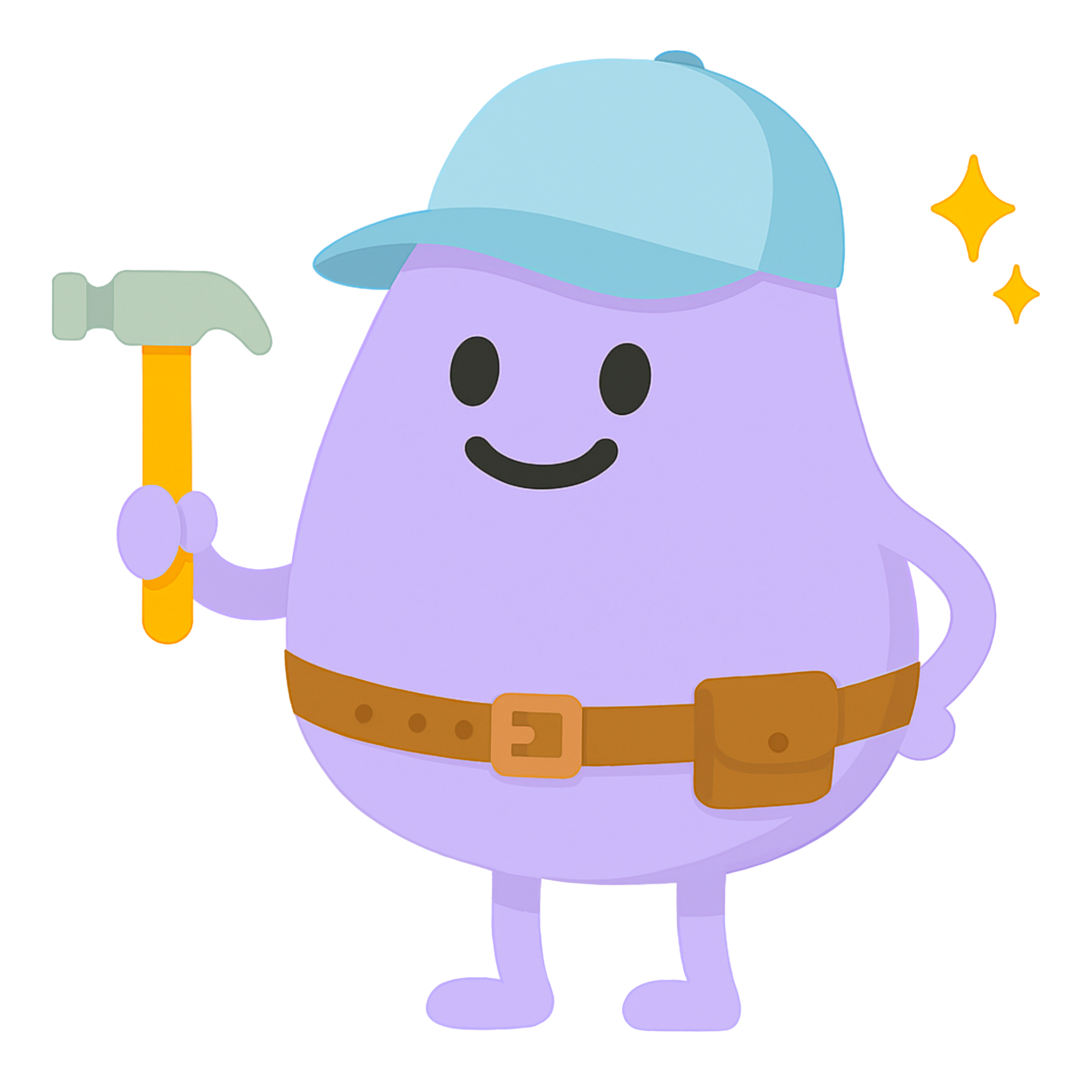 Smiling purple character wearing a blue cap and tool belt, holding a hammer with sparkles nearby.