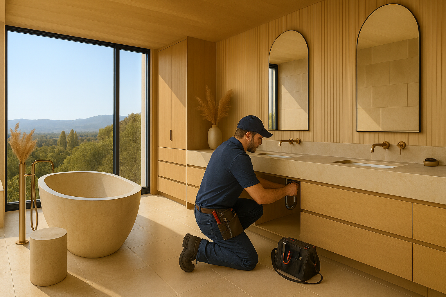 Plumber kneeling and repairing a sink pipe in a modern bathroom with large windows and a stone bathtub.