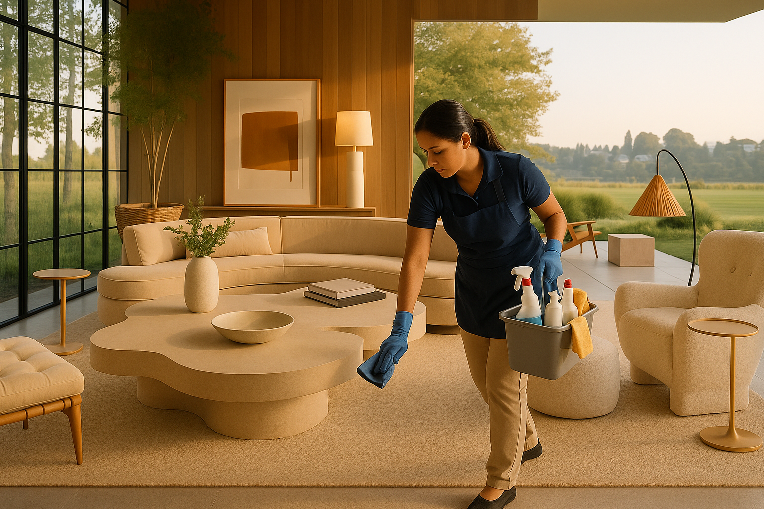 Woman wearing blue gloves and apron cleaning a beige coffee table in a modern living room with cleaning supplies in a bucket.