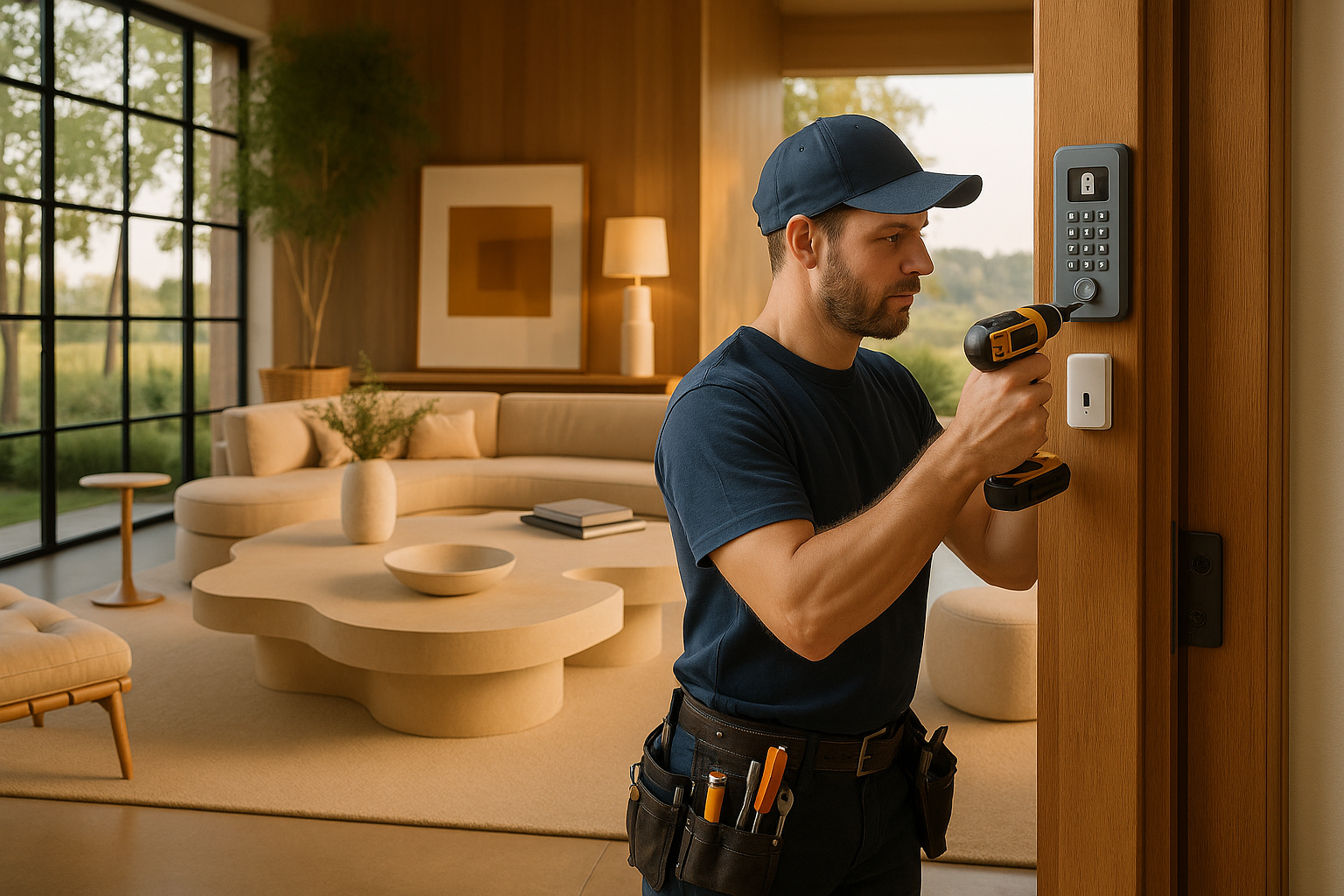 Technician in a navy shirt and cap installing a keypad door lock using a cordless drill in a modern living room.