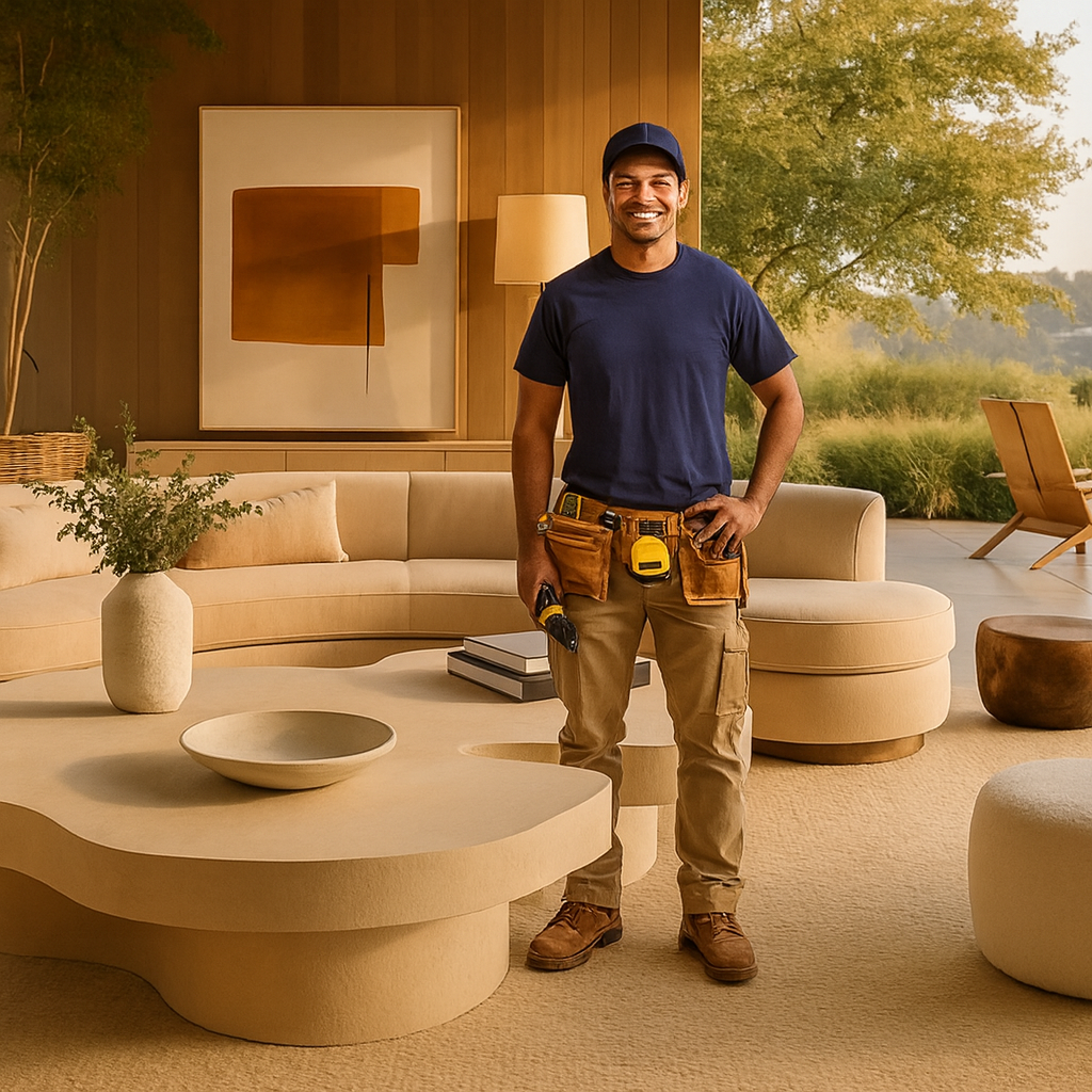 Smiling handyman in a navy shirt and cap standing in a modern beige living room with a curved sofa and abstract wall art.