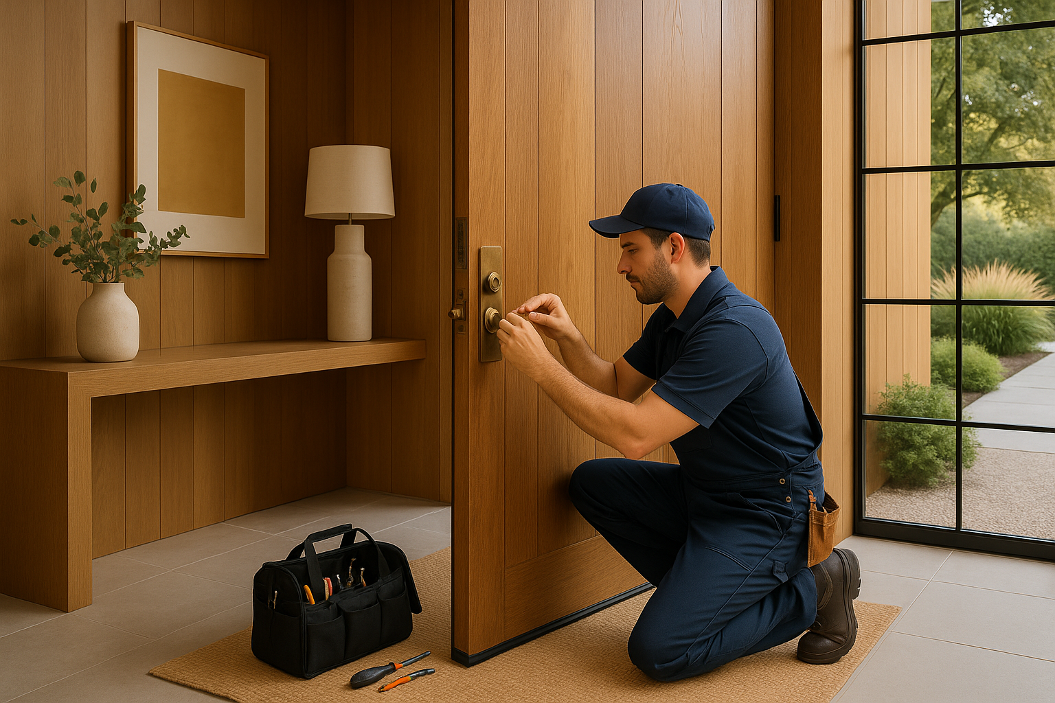 A locksmith in navy workwear kneeling while repairing a wooden door lock with tools beside him inside a home entrance.