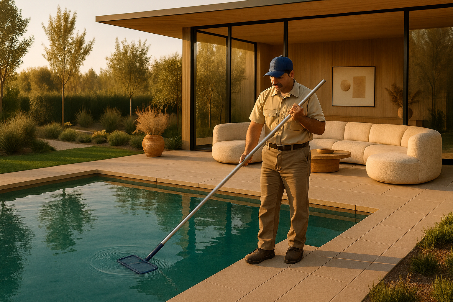 Man in uniform cleaning a modern backyard swimming pool with a long-handled net during sunset.