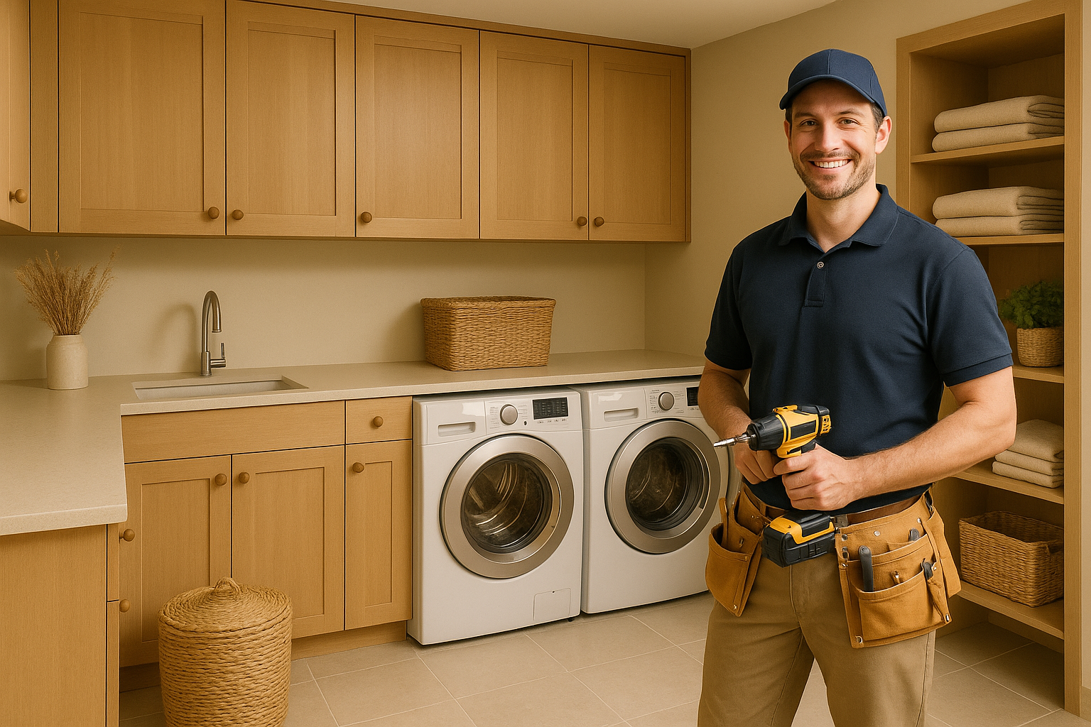 Man in a navy polo and cap holding a cordless drill in a beige laundry room with washer, dryer, and wooden cabinets.