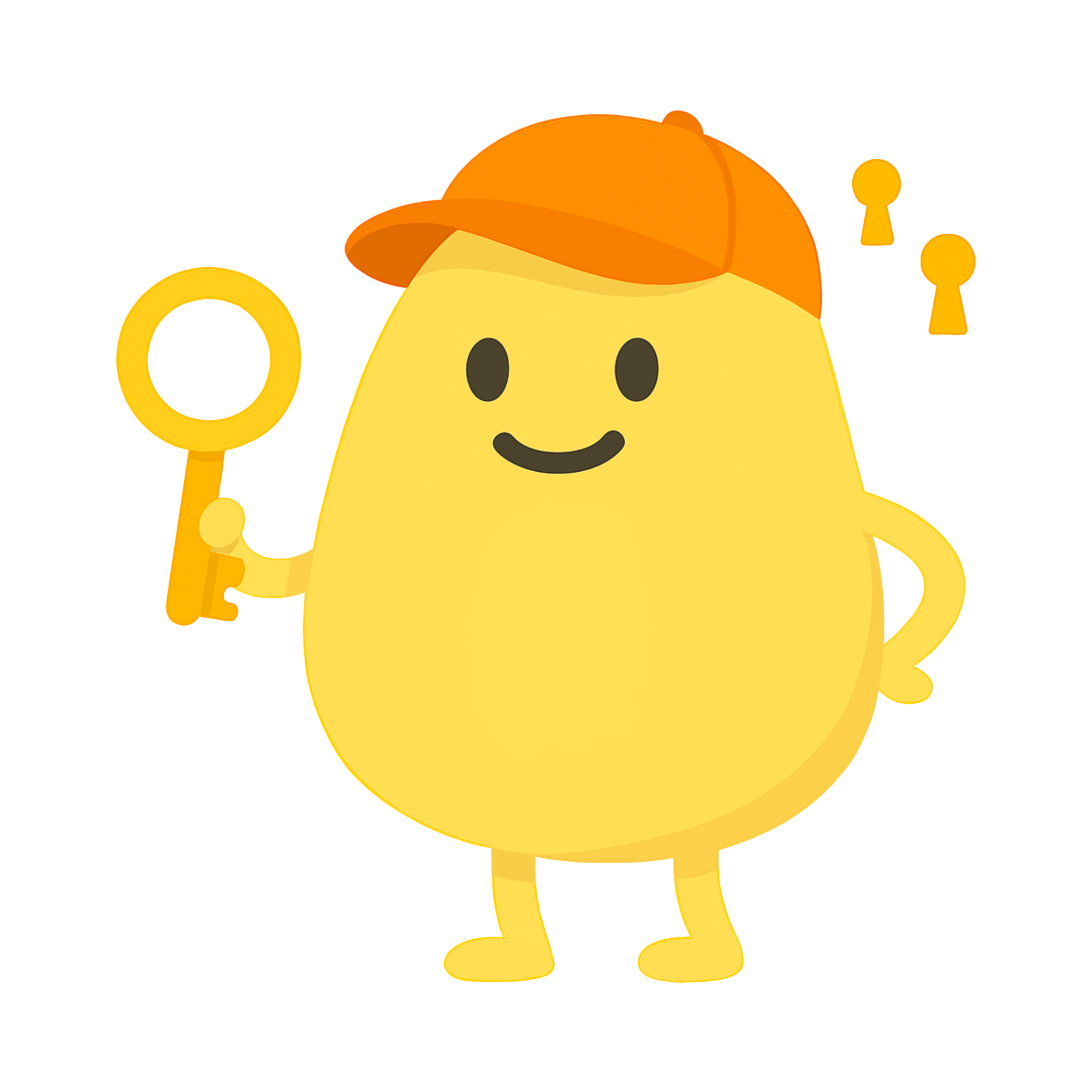 Cartoon yellow character wearing an orange cap holding a large golden key with two golden keyholes floating nearby.