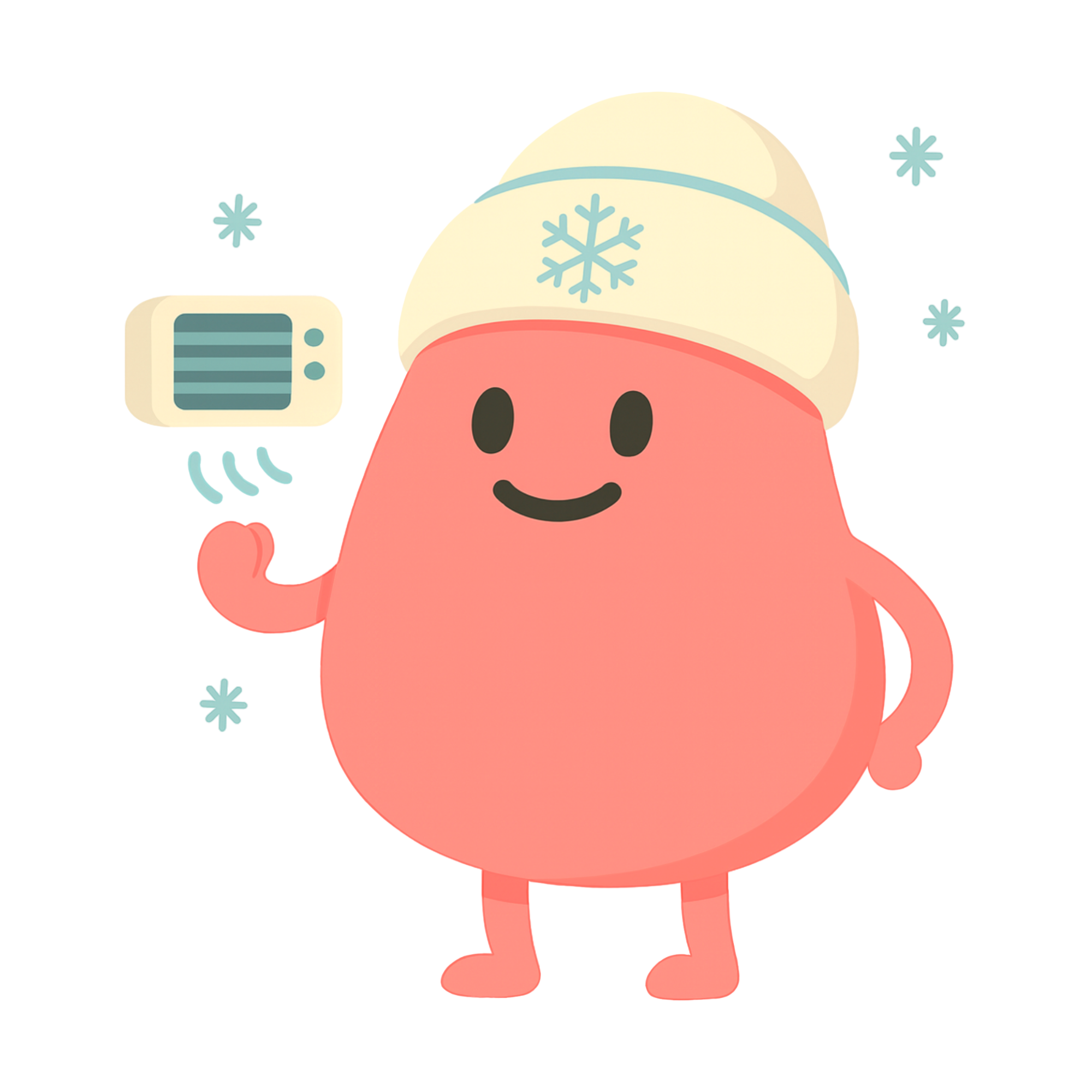 Cartoon pink character wearing a white winter hat with a snowflake, holding a small air conditioner with snowflakes around.