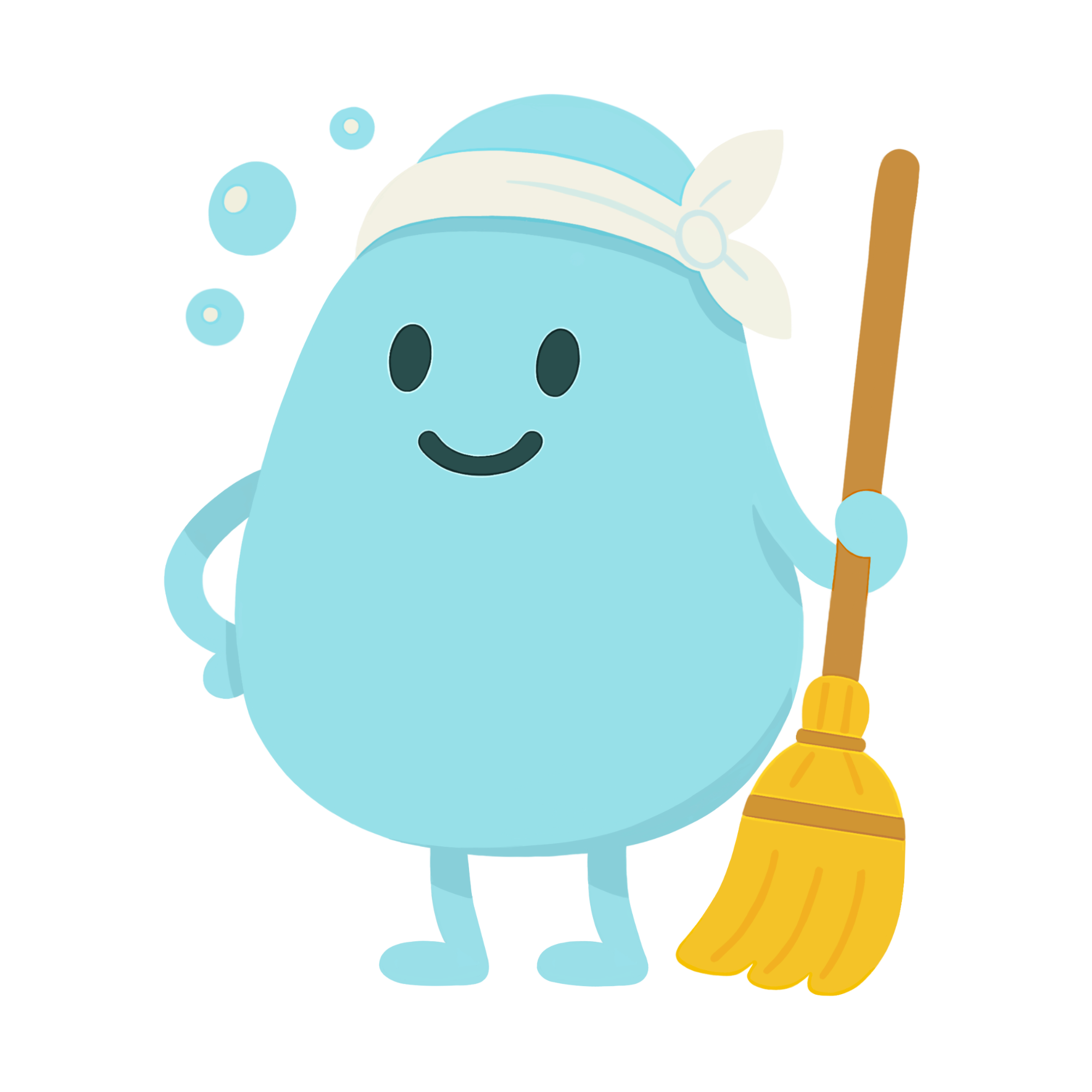 Smiling blue cartoon character wearing a white headband and holding a yellow broom.