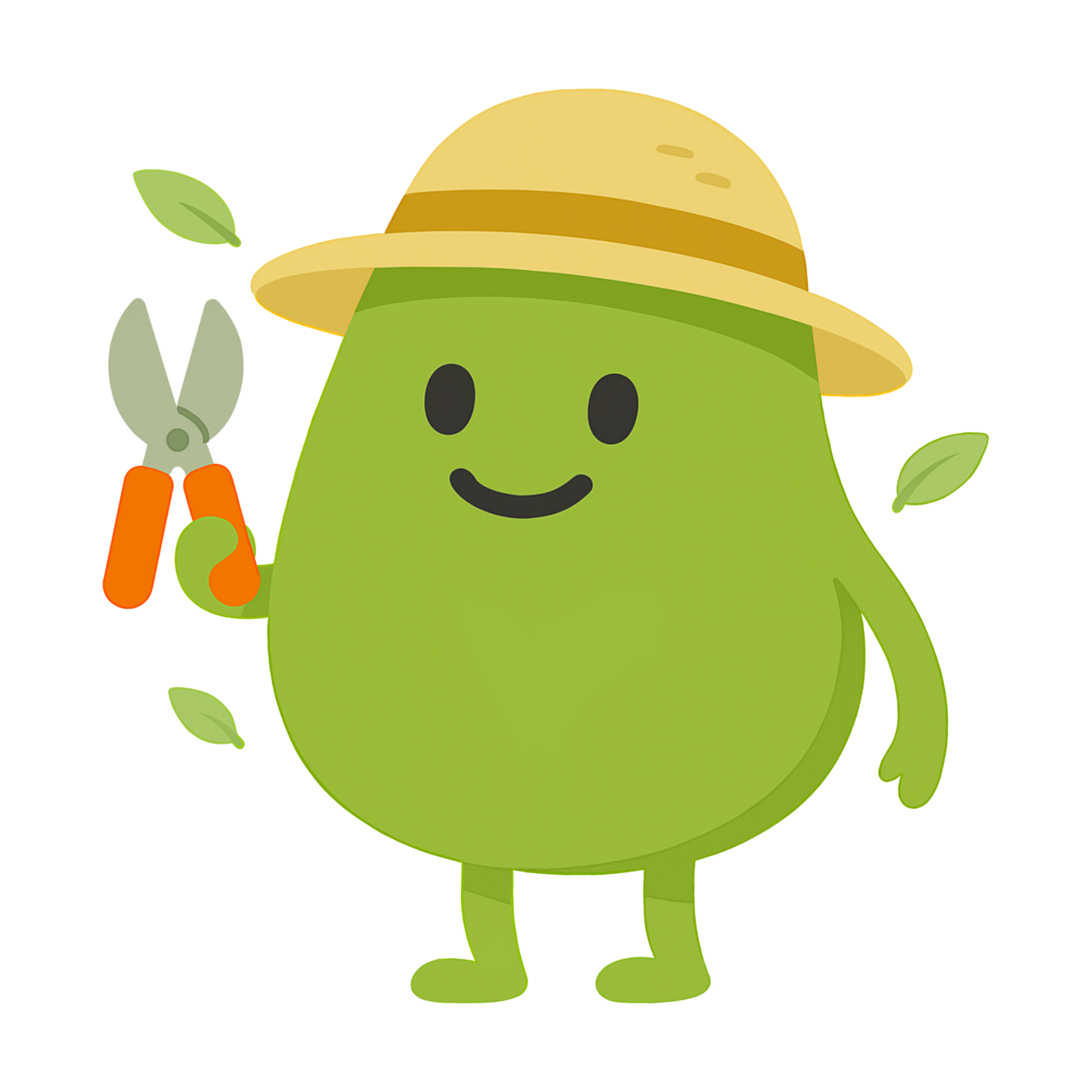 Green cartoon character wearing a yellow gardener’s hat, holding orange-handled pruning shears with floating leaves around.