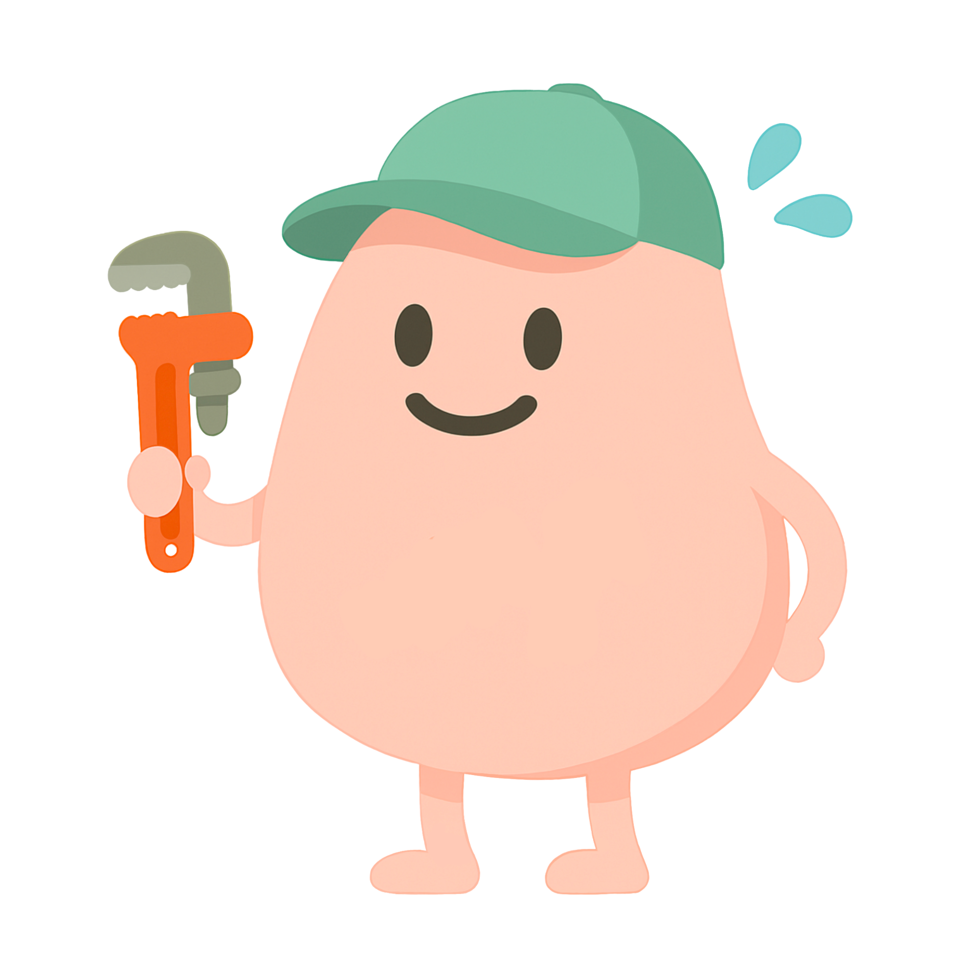 Cute cartoon character wearing a green cap and holding an orange pipe wrench, smiling with two blue sweat drops near its head.