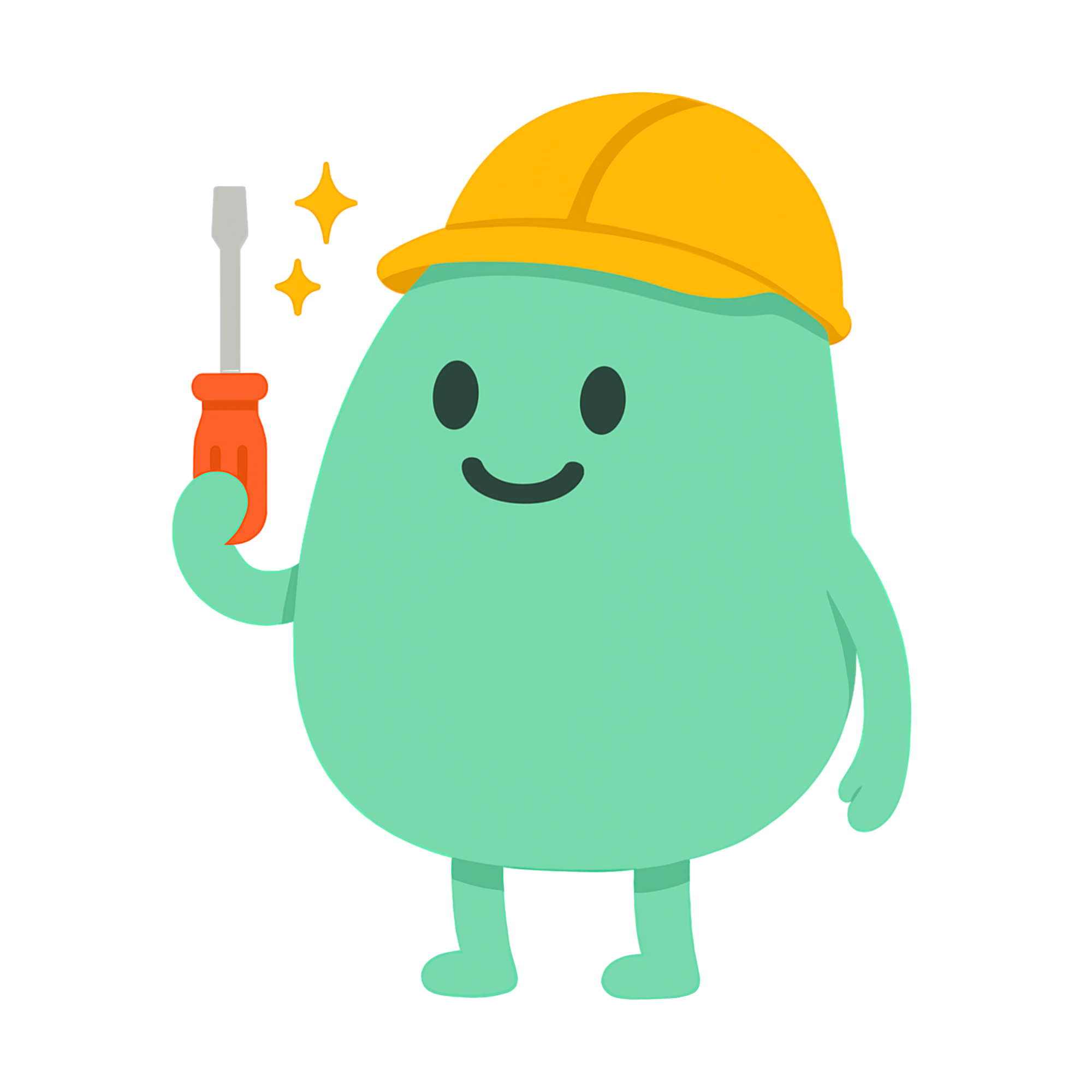 Smiling green blob character wearing a yellow construction helmet and holding a screwdriver with sparkles.