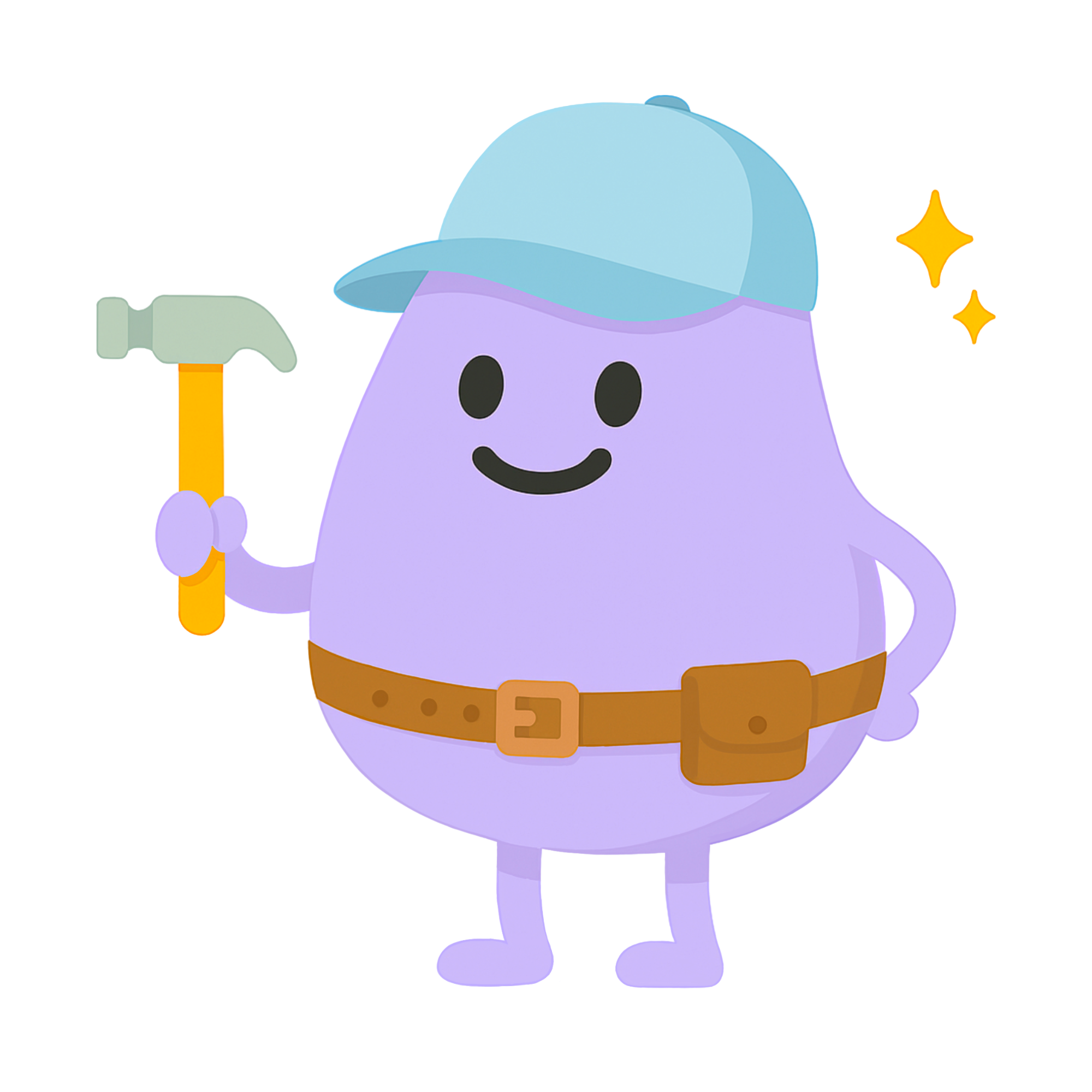 Purple cartoon character wearing a blue cap and tool belt holding a hammer with a sparkle beside it.
