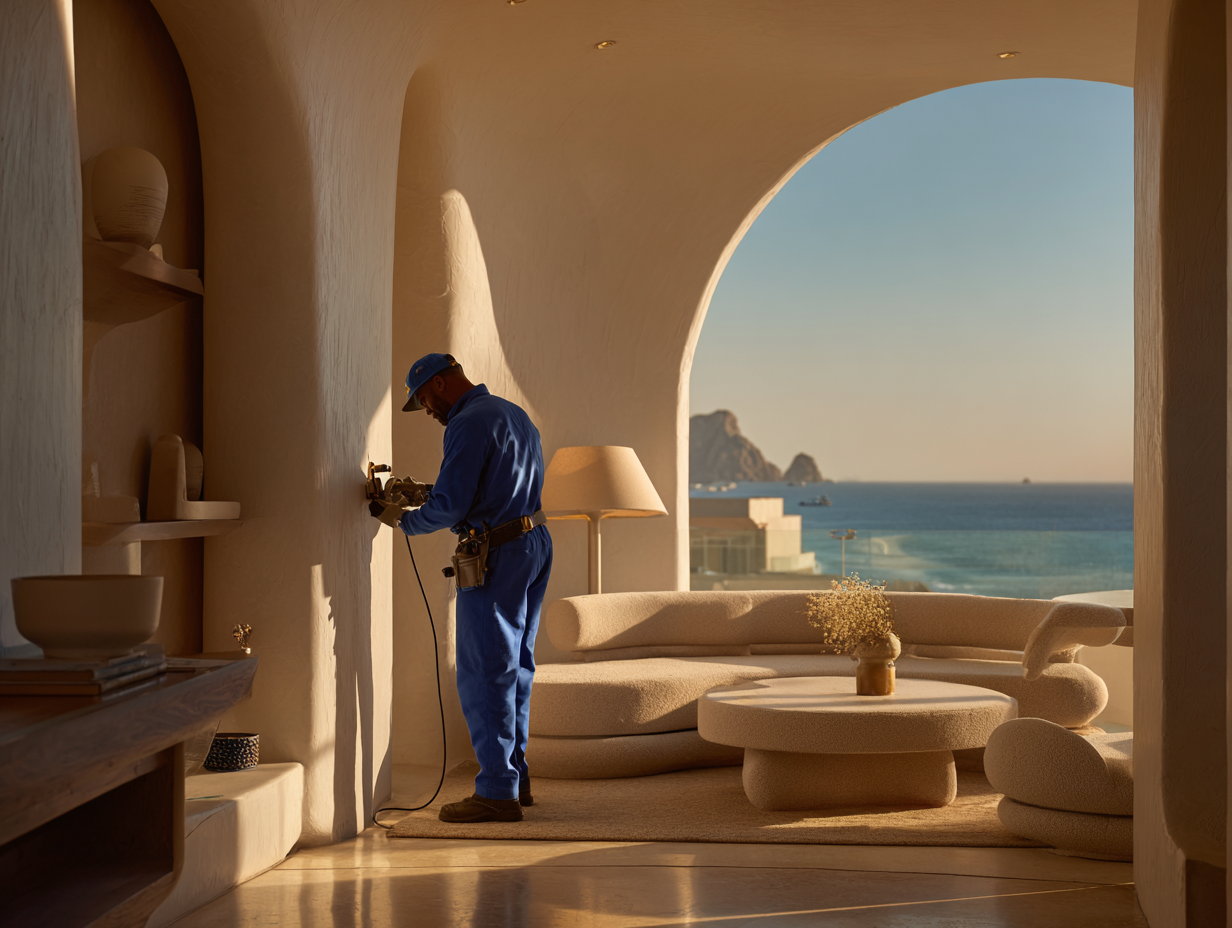 Man in blue coveralls working with a power tool on a beige textured wall in a modern coastal living room with arched window showing ocean view.