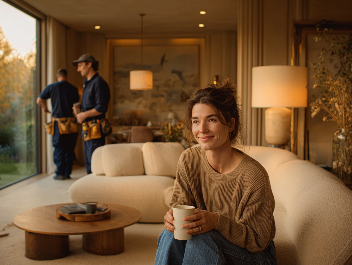 Smiling woman in a brown sweater holding a cup while sitting on a beige sofa in a cozy living room with two repairmen working near a window in the background.