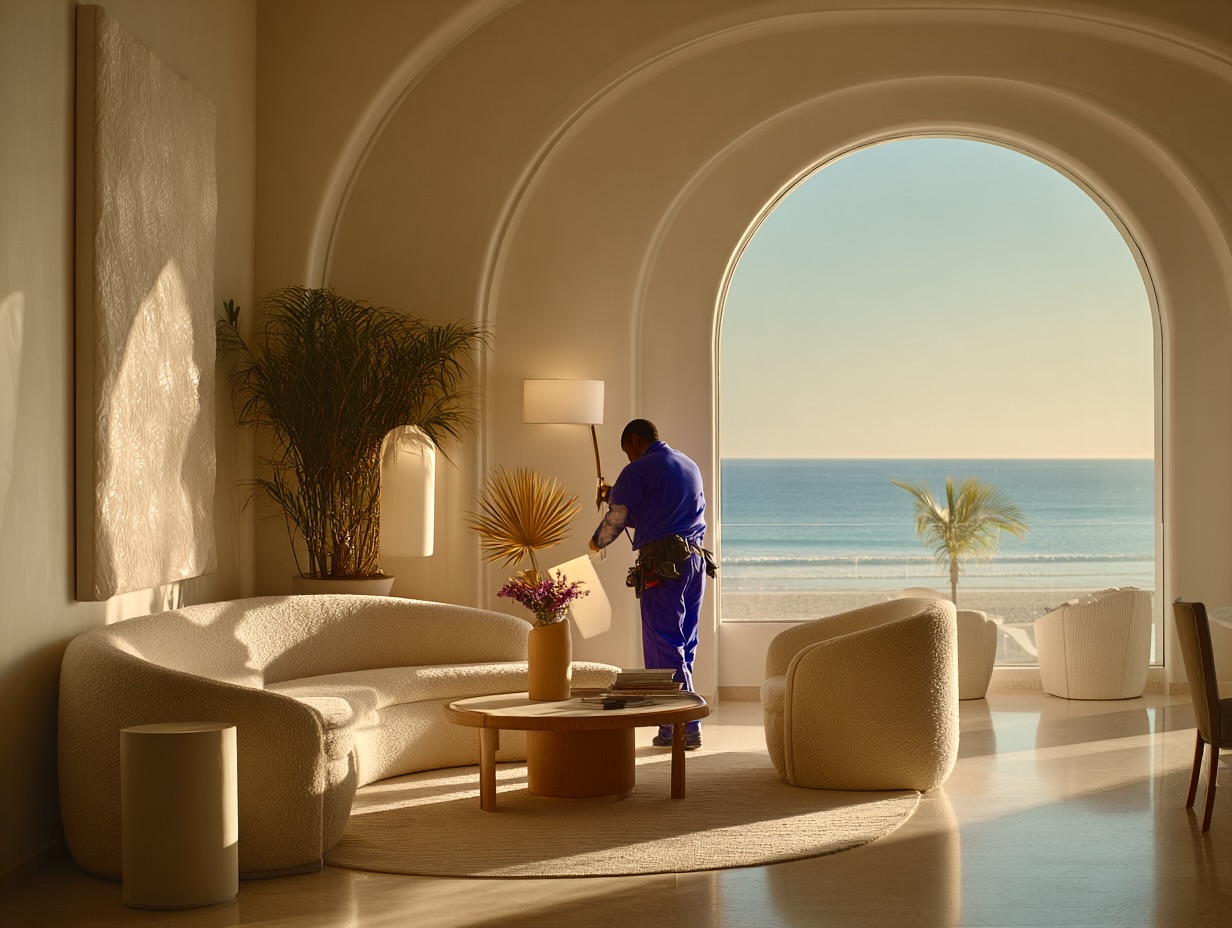 Modern living room with curved white furniture, a round wooden coffee table, and a large arched window showing a beach and ocean view; a person in blue workwear is adjusting a floor lamp.
