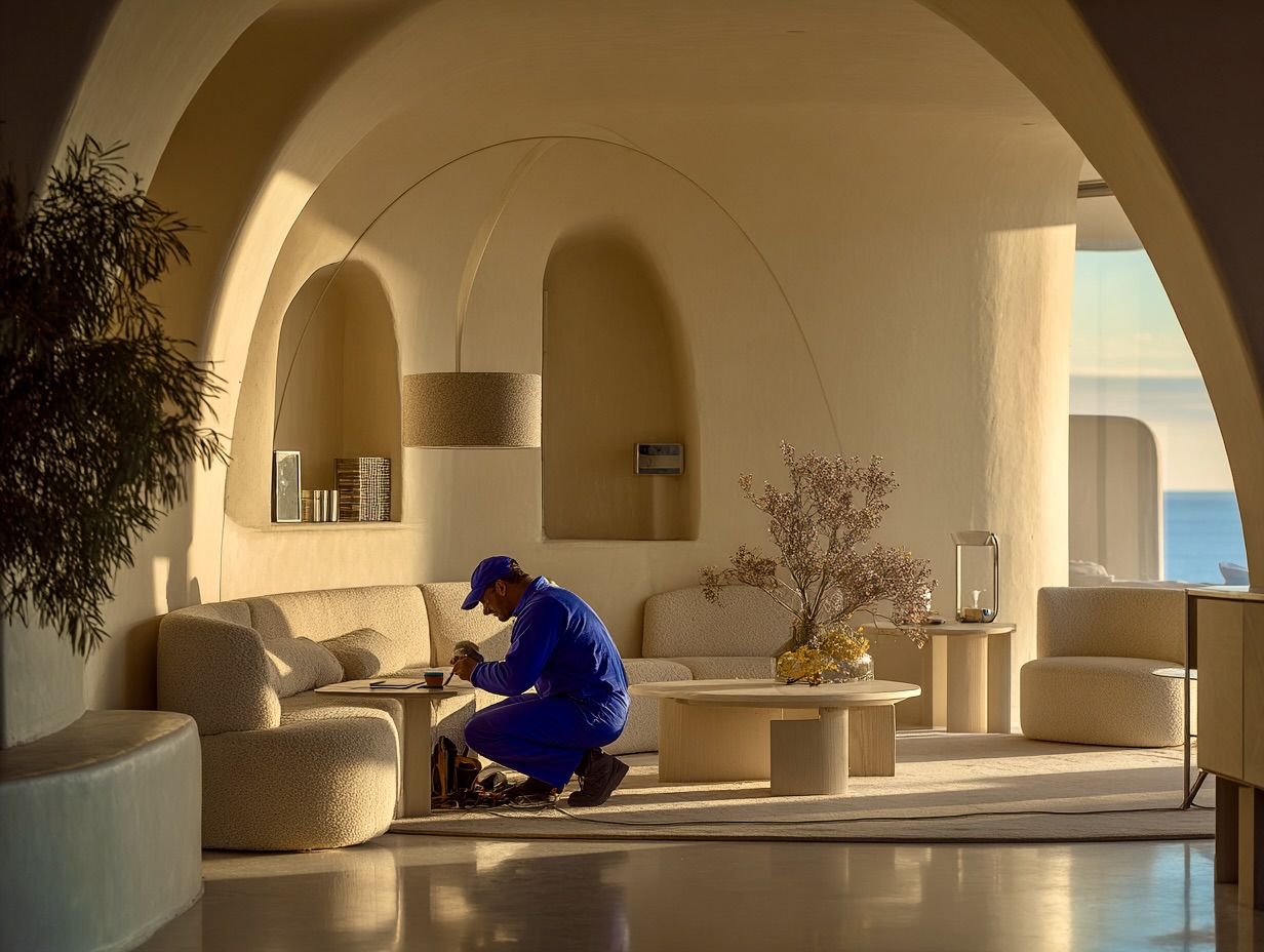 Man in blue outfit kneeling on the floor in a sunlit modern beige curved lounge with plush seating and a round coffee table with a floral arrangement.