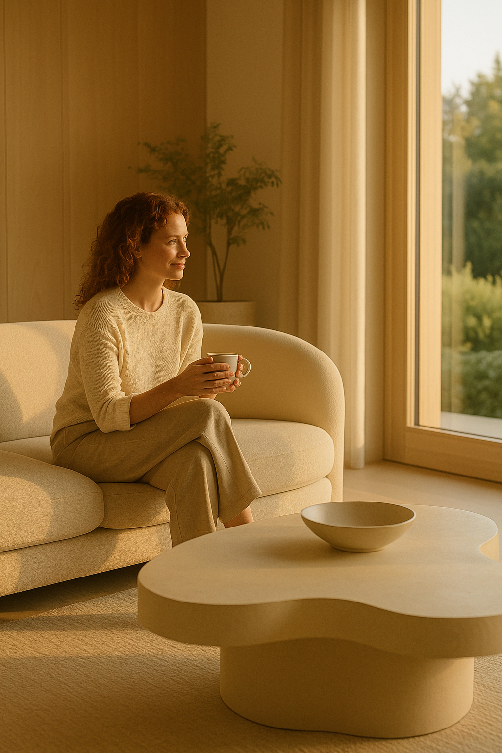 Woman with curly red hair sitting on a cream sofa holding a mug, looking out a large window in a softly lit room.