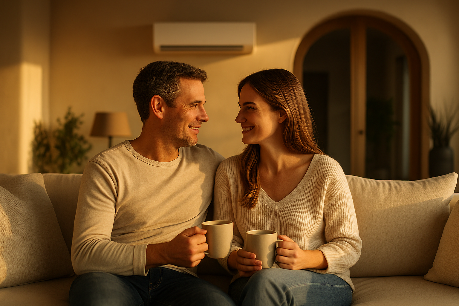 Smiling couple sitting on a beige sofa, holding coffee mugs and looking at each other inside a warmly lit room.