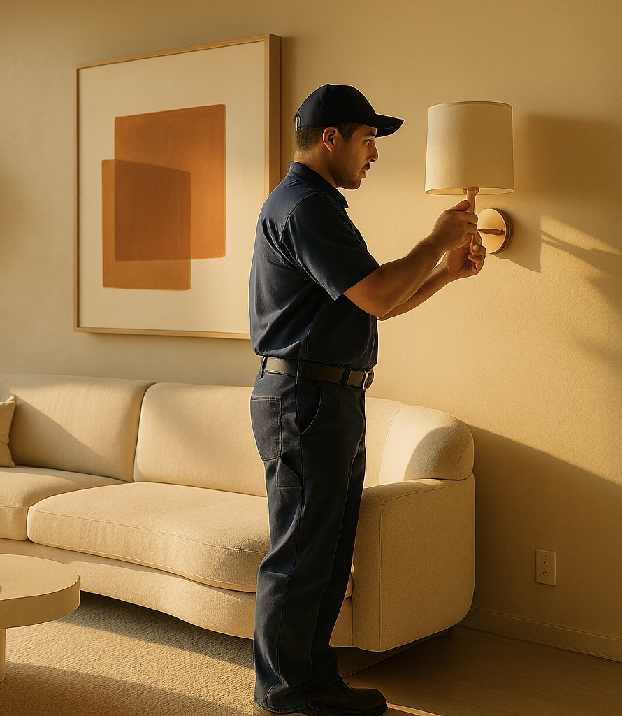 Technician in dark uniform adjusting a beige wall-mounted lamp in a modern living room with cream sofa and abstract wall art.