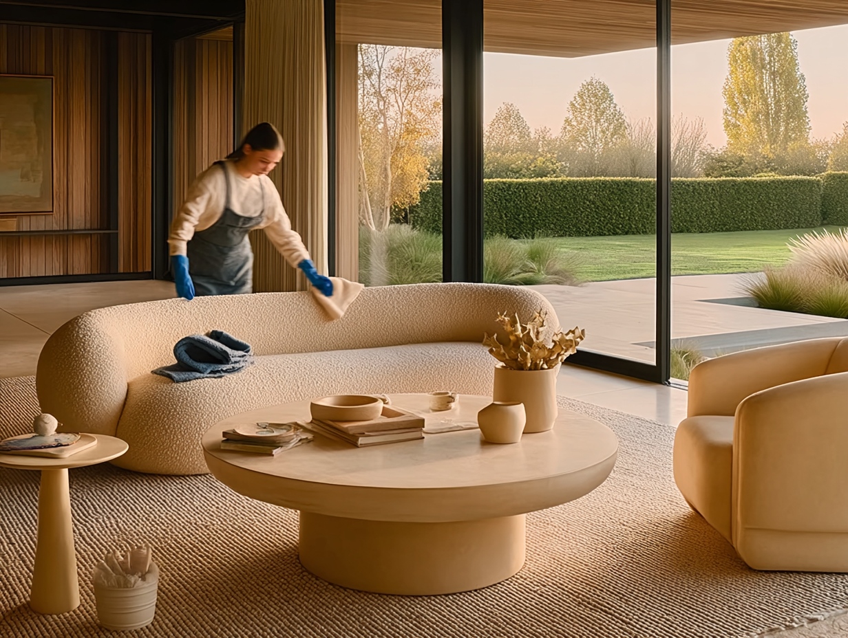 Person wearing blue gloves cleaning a beige textured sofa in a modern living room with large windows overlooking a garden.