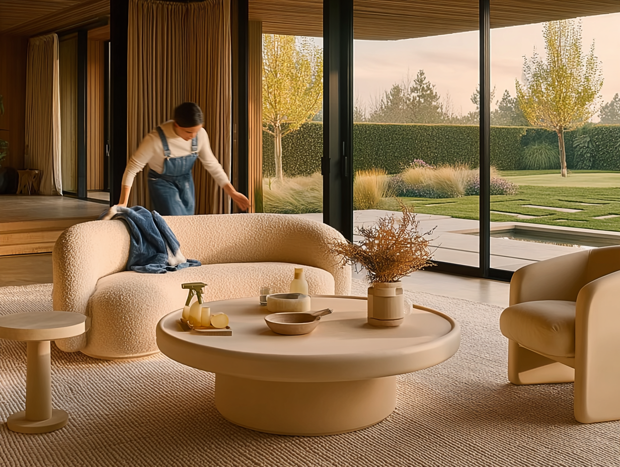 Modern living room with beige curved sofa, round coffee table with decor, armchair, and large glass doors opening to a garden.