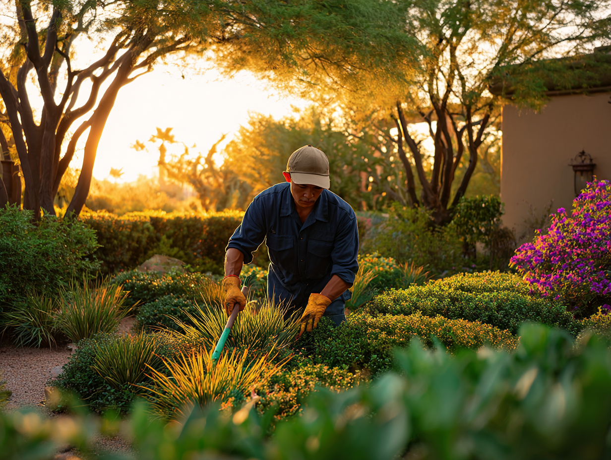 Gardener wearing a cap and gloves trimming shrubs in a sunlit garden at sunset.