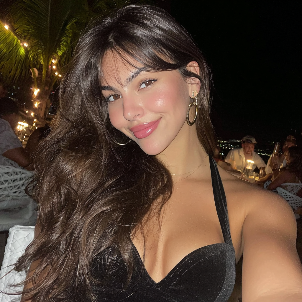Smiling woman with long dark hair wearing large hoop earrings and a black halter top at an outdoor nighttime setting with string lights.