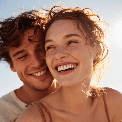 Close-up of a young smiling couple enjoying sunlight, with the woman in front and the man behind her.
