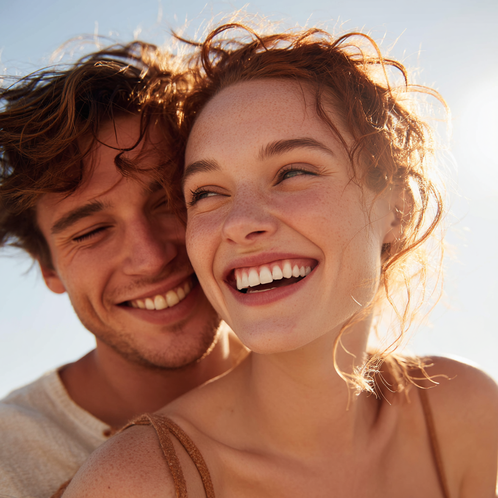 Close-up of a young smiling couple enjoying sunlight, with the woman in front and the man behind her.