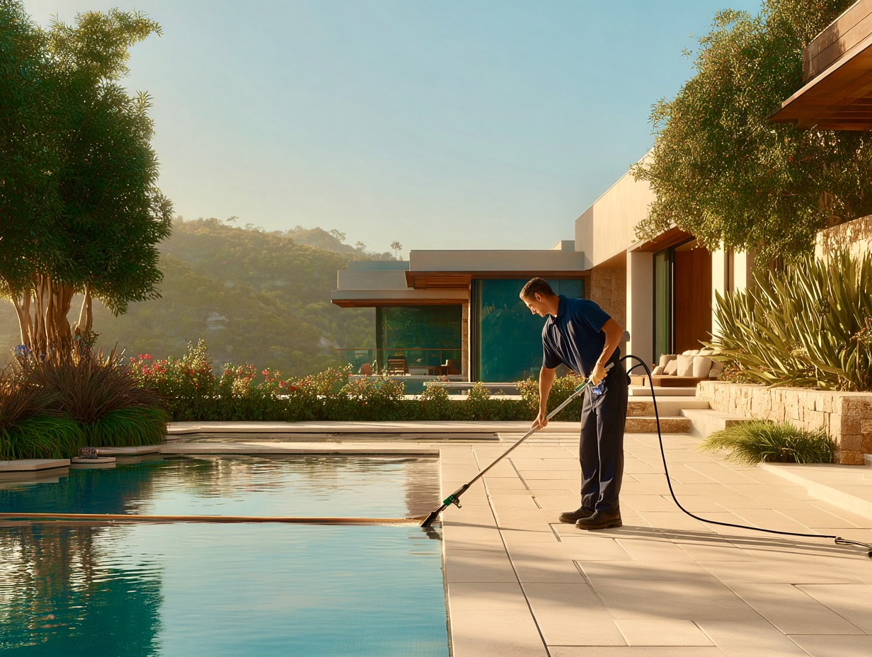 Man cleaning a residential pool with a brush attached to a long pole on a sunny patio next to modern house and green landscaping.
