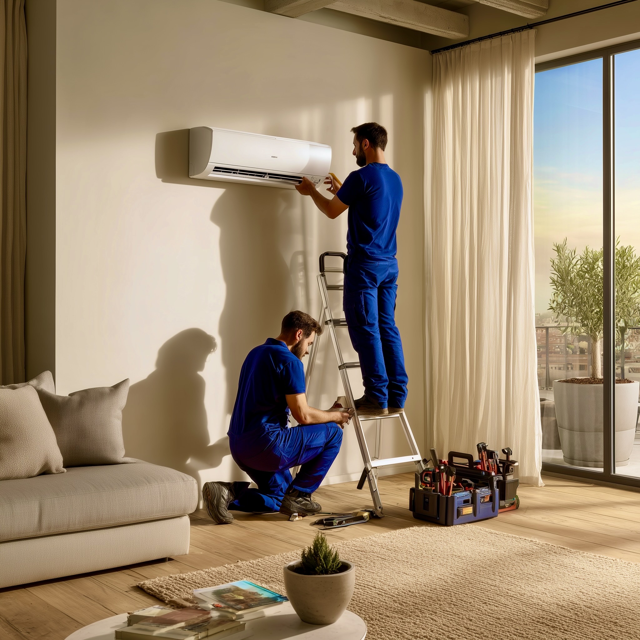 Two technicians in blue uniforms install an air conditioner on a beige wall in a modern living room with tools on the floor.