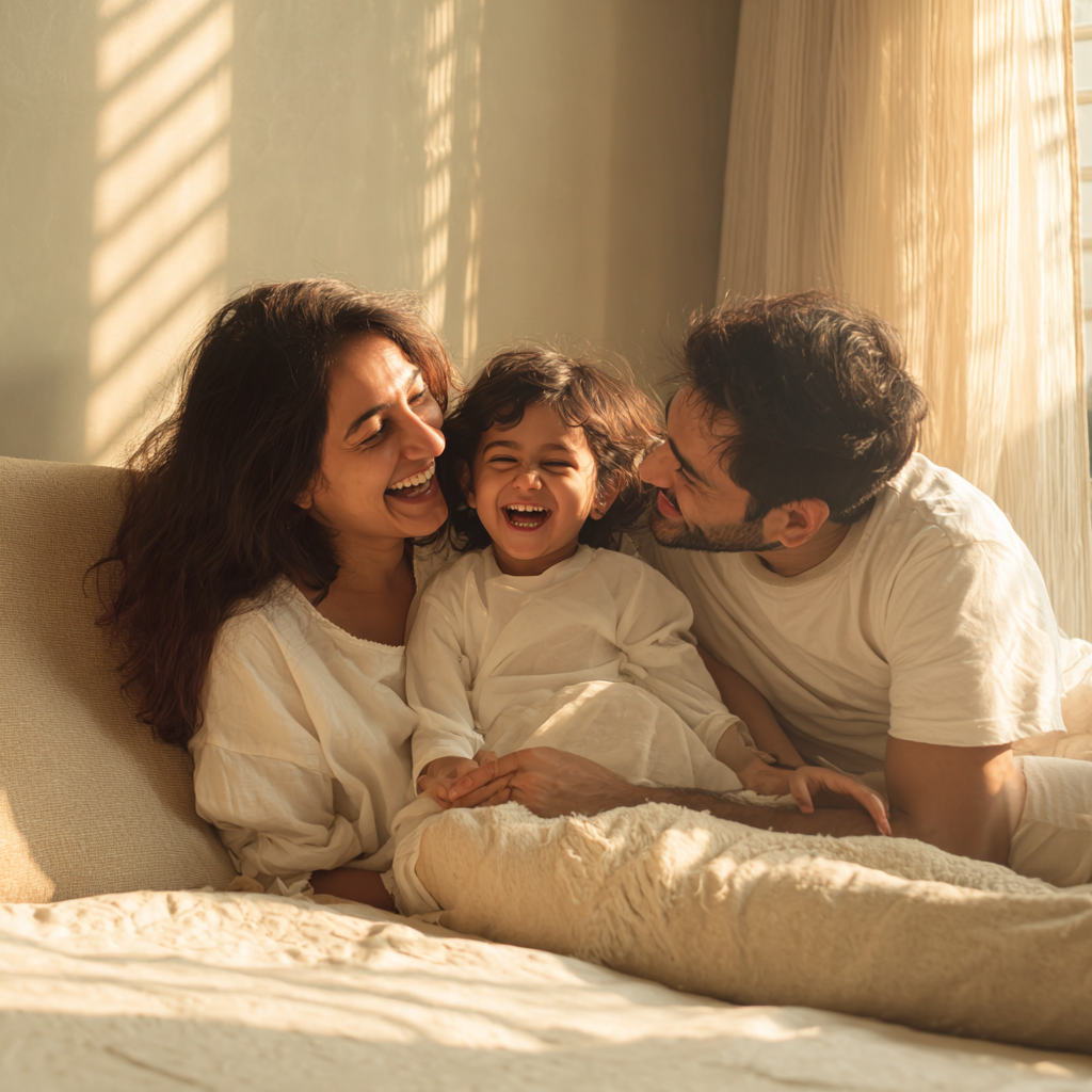 Smiling mother and father sitting on a bed with their laughing young child between them in warm sunlight.