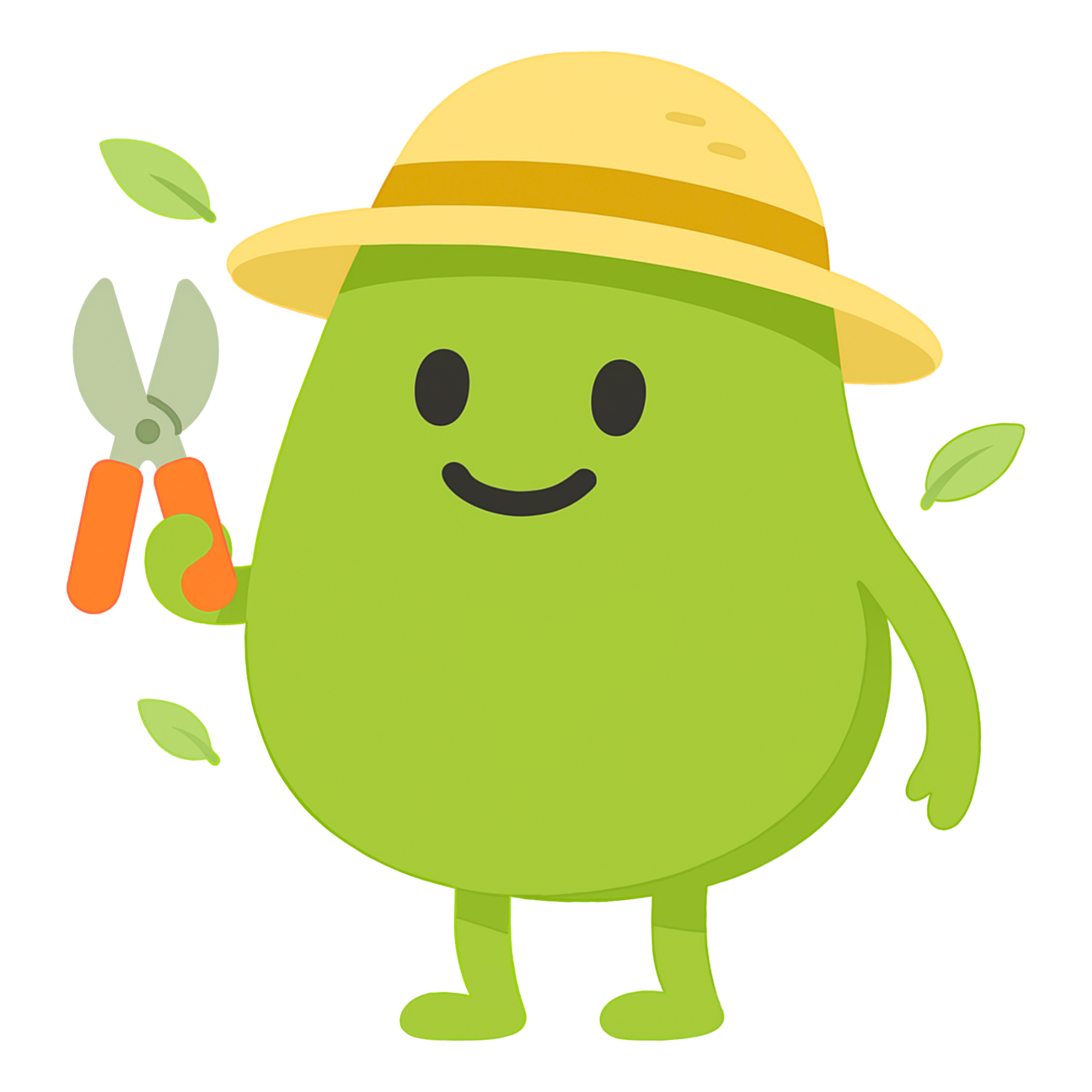 Green cartoon character wearing a yellow gardening hat, holding garden pruning shears with floating green leaves around.