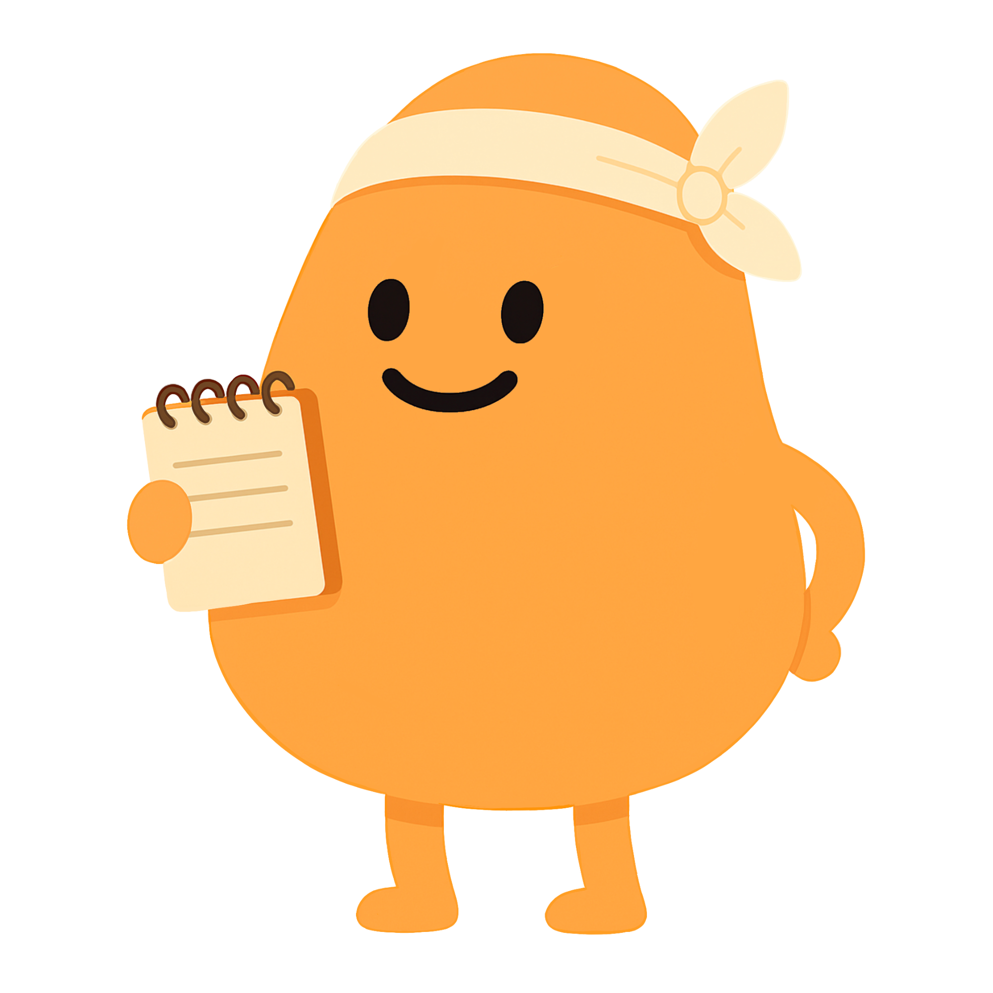 Orange cartoon character with a cream headband holding a small notepad and smiling.