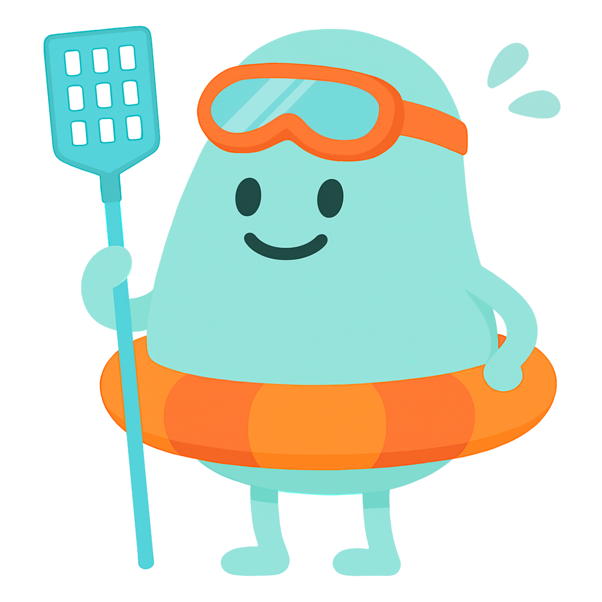 Cute blue cartoon character wearing orange swim goggles and an orange swim ring, holding a blue fly swatter.