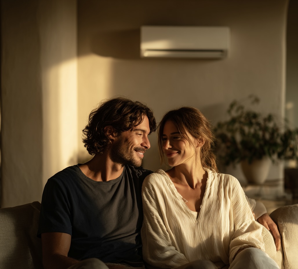 A middle aged couple walking in a desert garden holding hands
