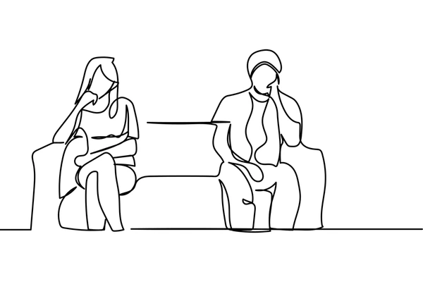 Single line drawing of a man and woman sitting on a coach on opposite sides, their body language depicting that they are trying to avoid each other