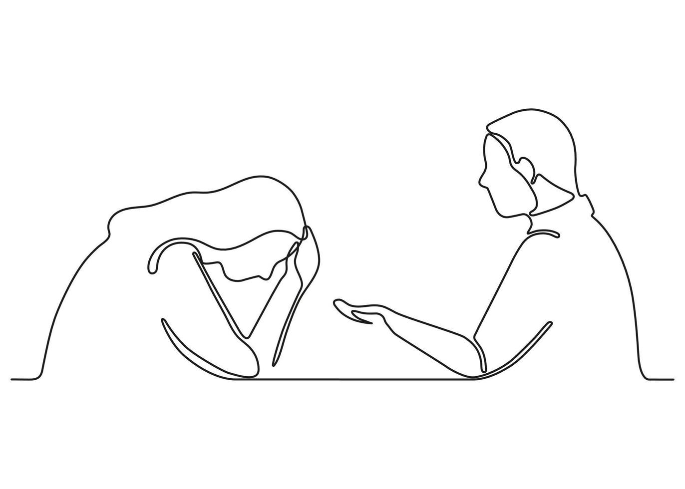 Single line drawing woman with her face in her hands and a man with his hand extended towards her