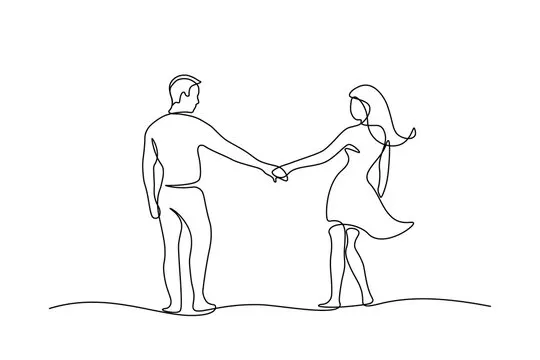 Continuous line drawing of a man and woman holding hands and facing each other.