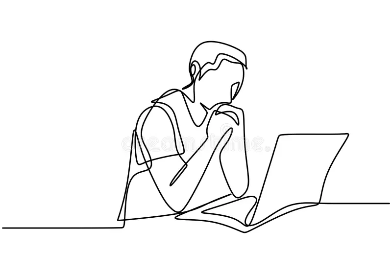 Single line, minimalistic drawing of man looking at laptop with pensive expression