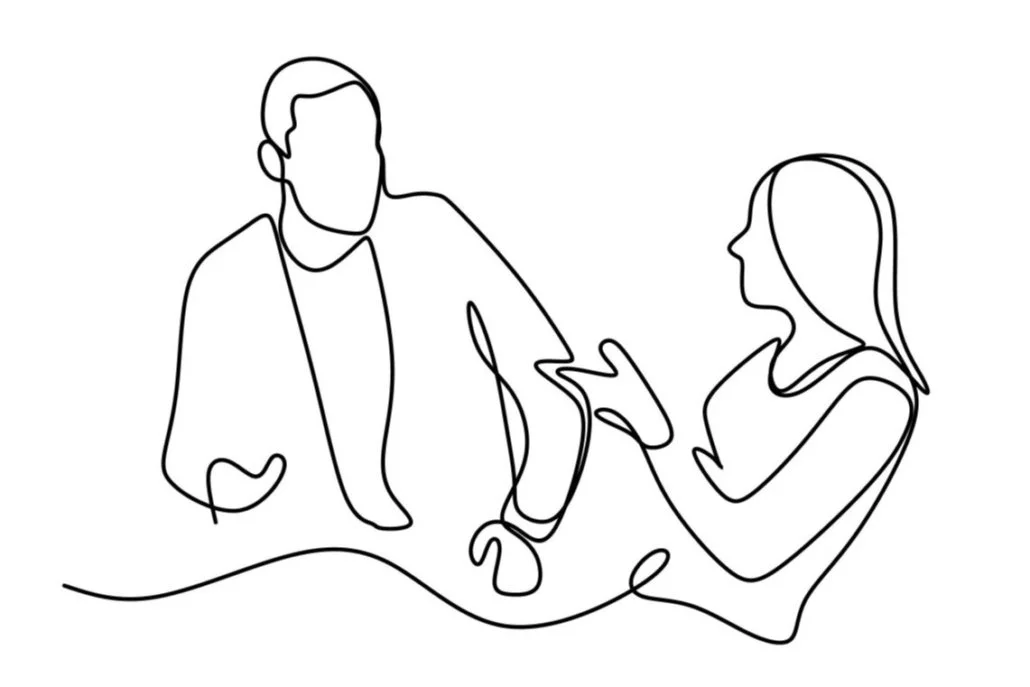Single line drawing of a man and woman engaged in conversation the woman has hand extended as if she is making a point 
