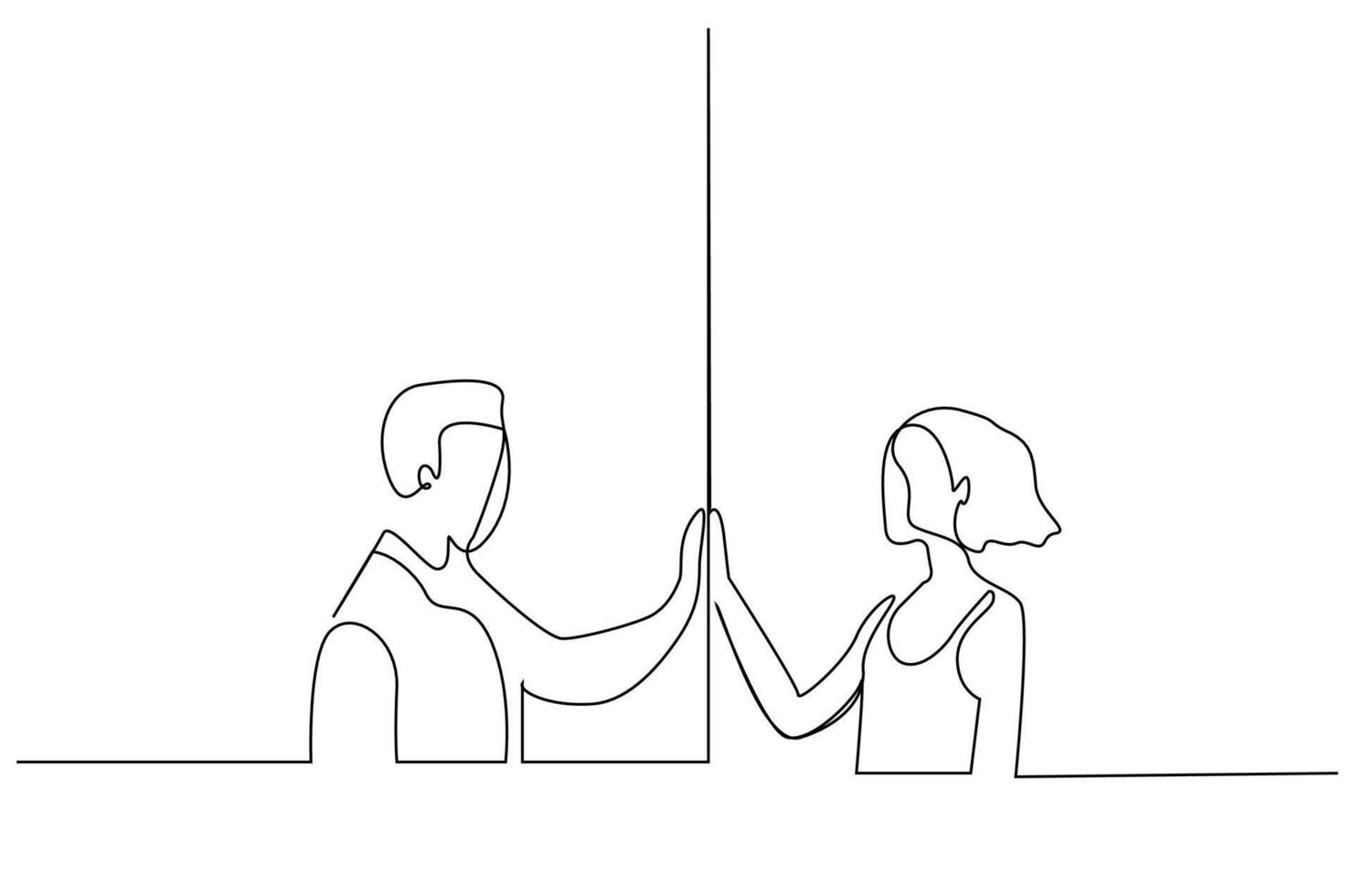 Single line drawing of a couple separated by a glass wall. They are both placing their hands on the wall to try to touch each other but they cannot because of the wall.  The image is meant to convey emotional distance.  