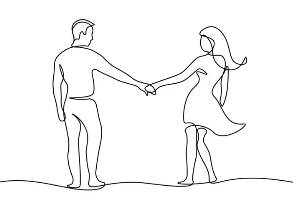 Continuous line drawing of a man and woman holding hands and facing each other.
