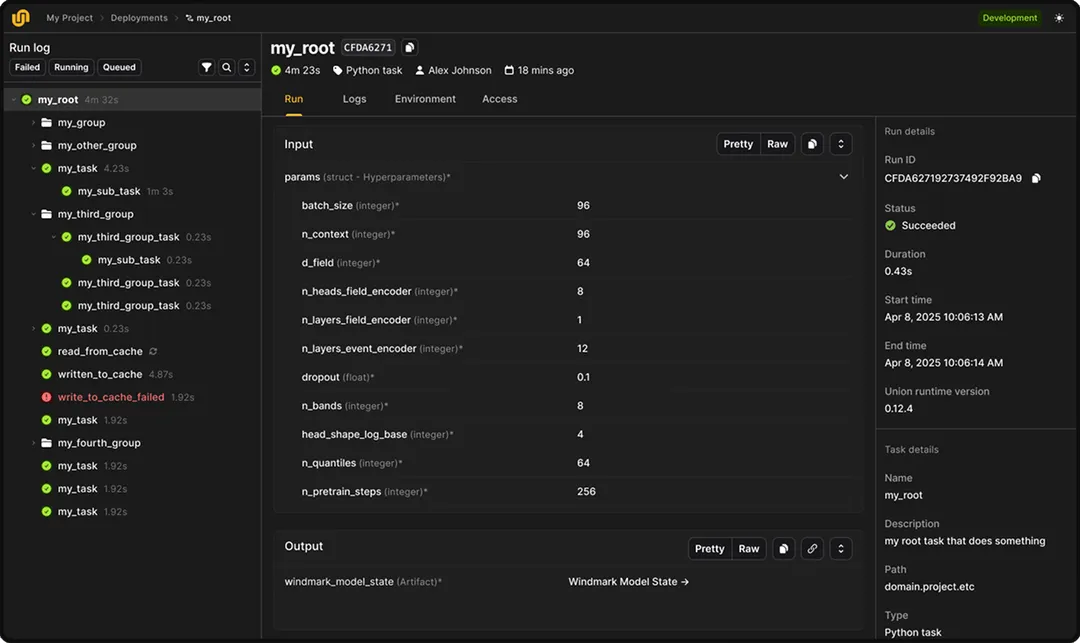 User interface displaying a Python task named my_root with input parameters and output, run log showing task steps and statuses, and task details including run ID, status, duration, start and end times.