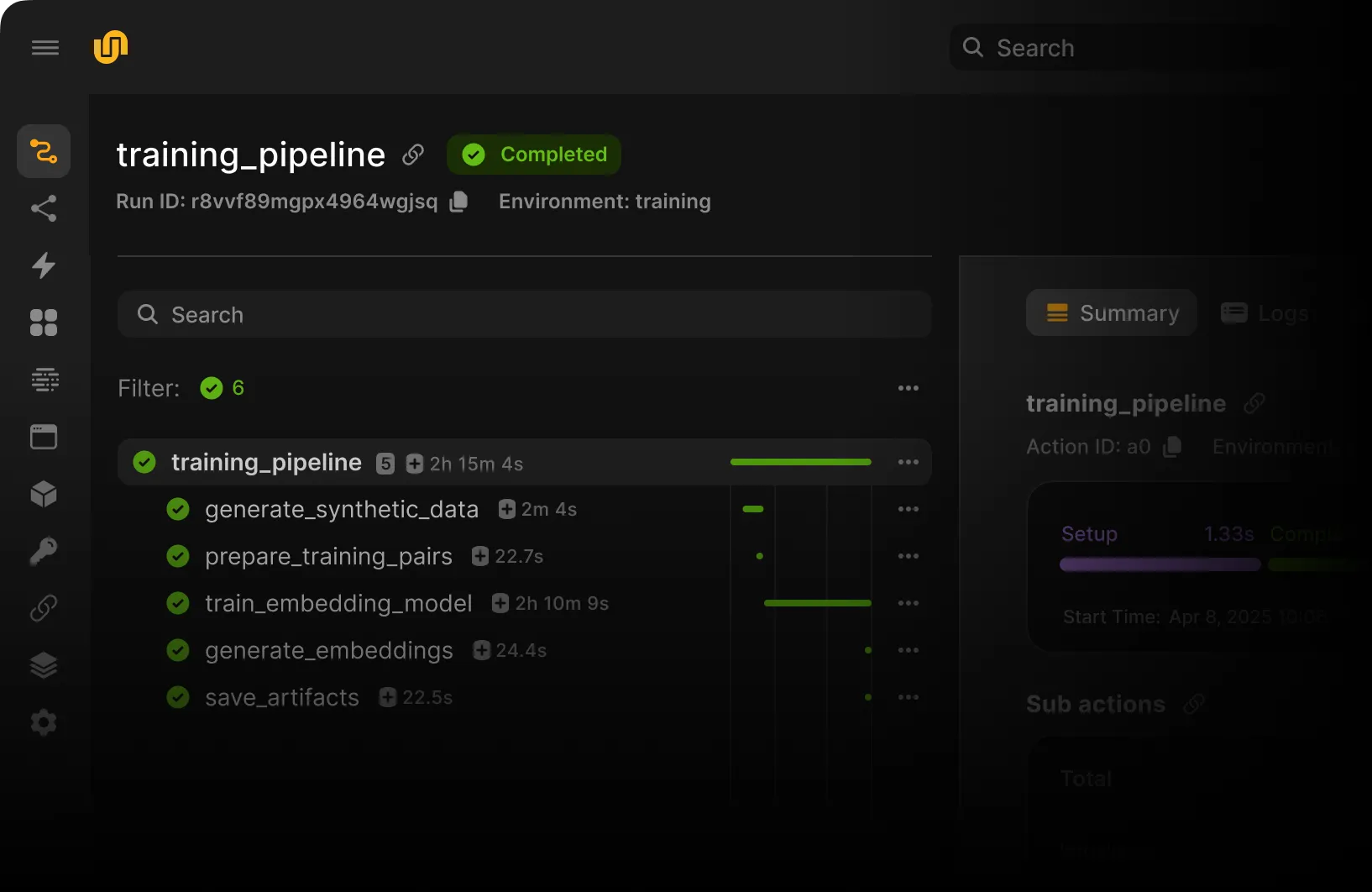User interface showing a completed training pipeline with steps: generate synthetic data, prepare training pairs, train embedding model, generate embeddings, and save artifacts.