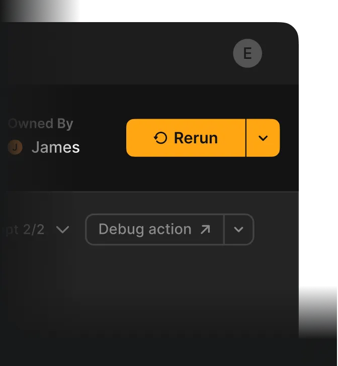 Interface showing 'Owned By James' with an orange 'Rerun' button and a dropdown labeled 'Debug action'.