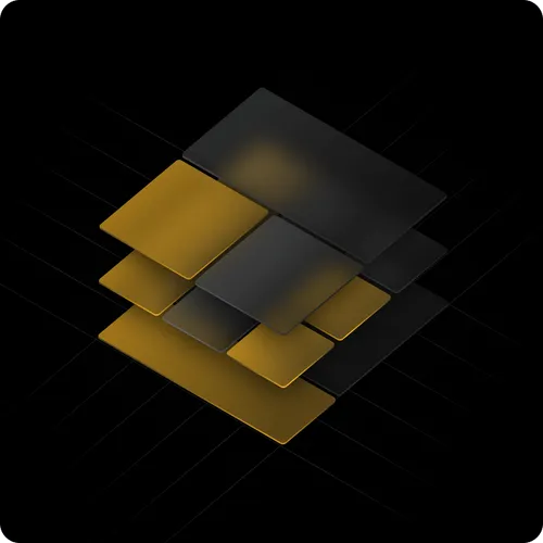 Abstract 3D layered stacked panels in dark gray and gold on a black grid background.